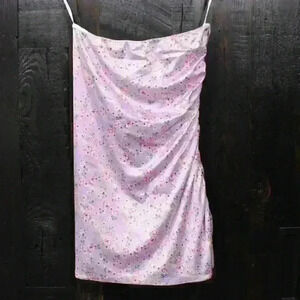 ALAMOUR Silky Sexy Strapless Ruched Side Purple Floral Mini Dress Women Large
